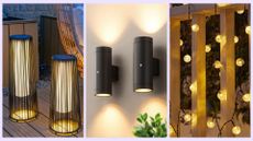 Three different types of outdoor lighting on offer in Wayfair's Way Day sale: lanterns, wall lights, and hanging lights
