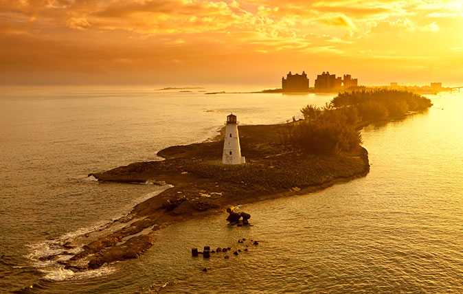 DA3BJJ lighthouse and resort on nassau, bahamas at dawn