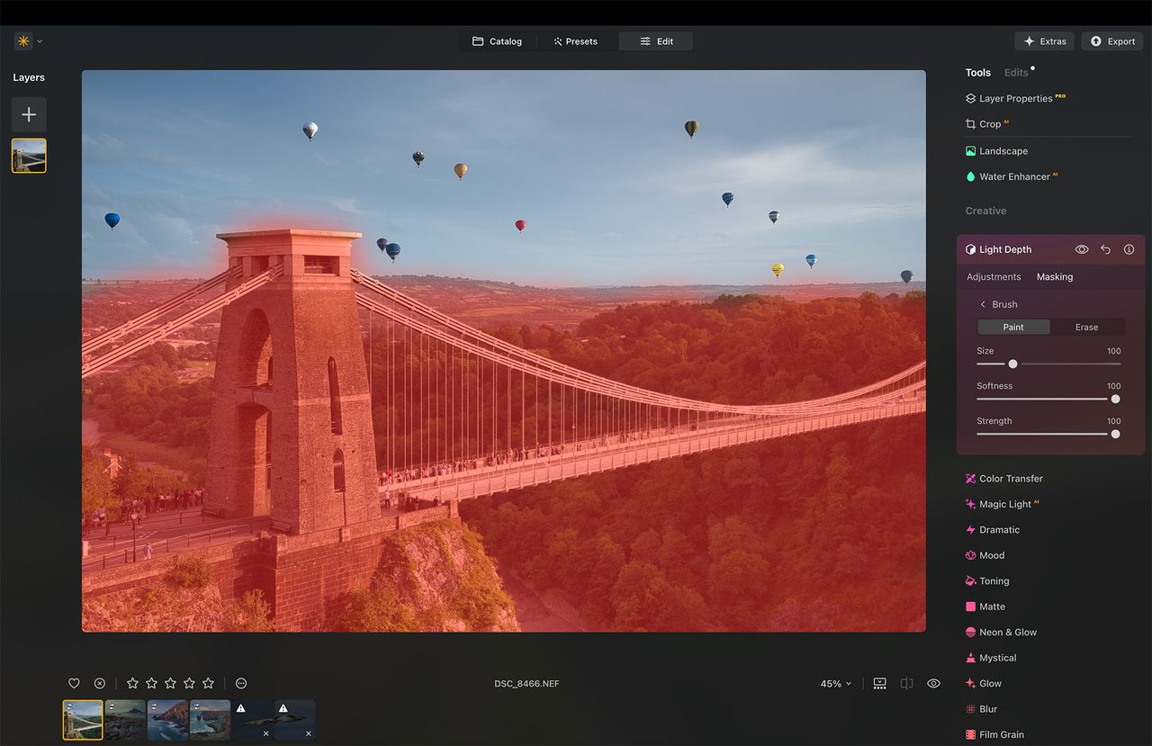 Screenshot from Luminar Neo showing suspension bridge
