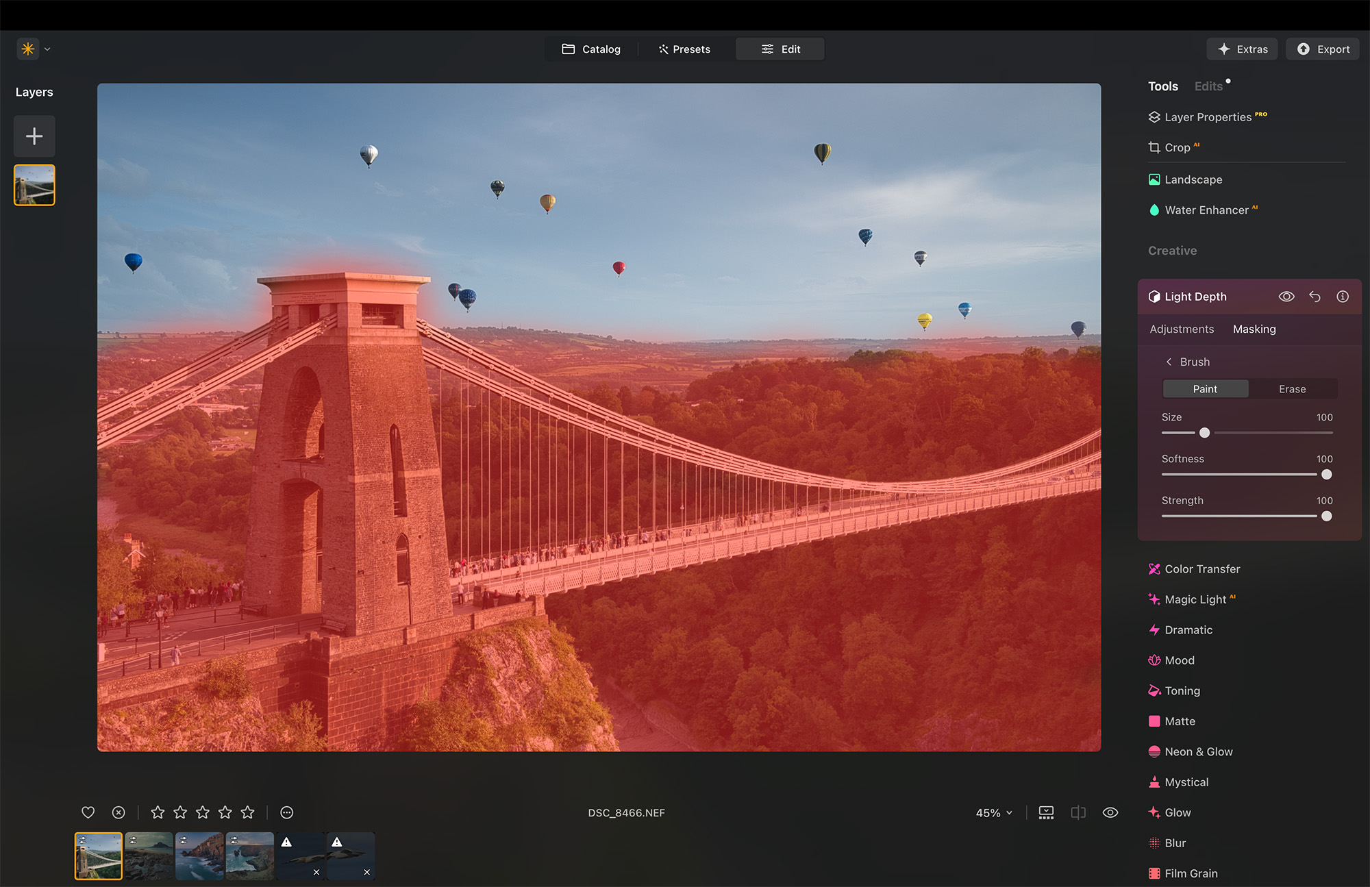 Screenshot from Luminar Neo showing suspension bridge