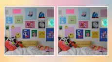 Dorm room walls with art on them