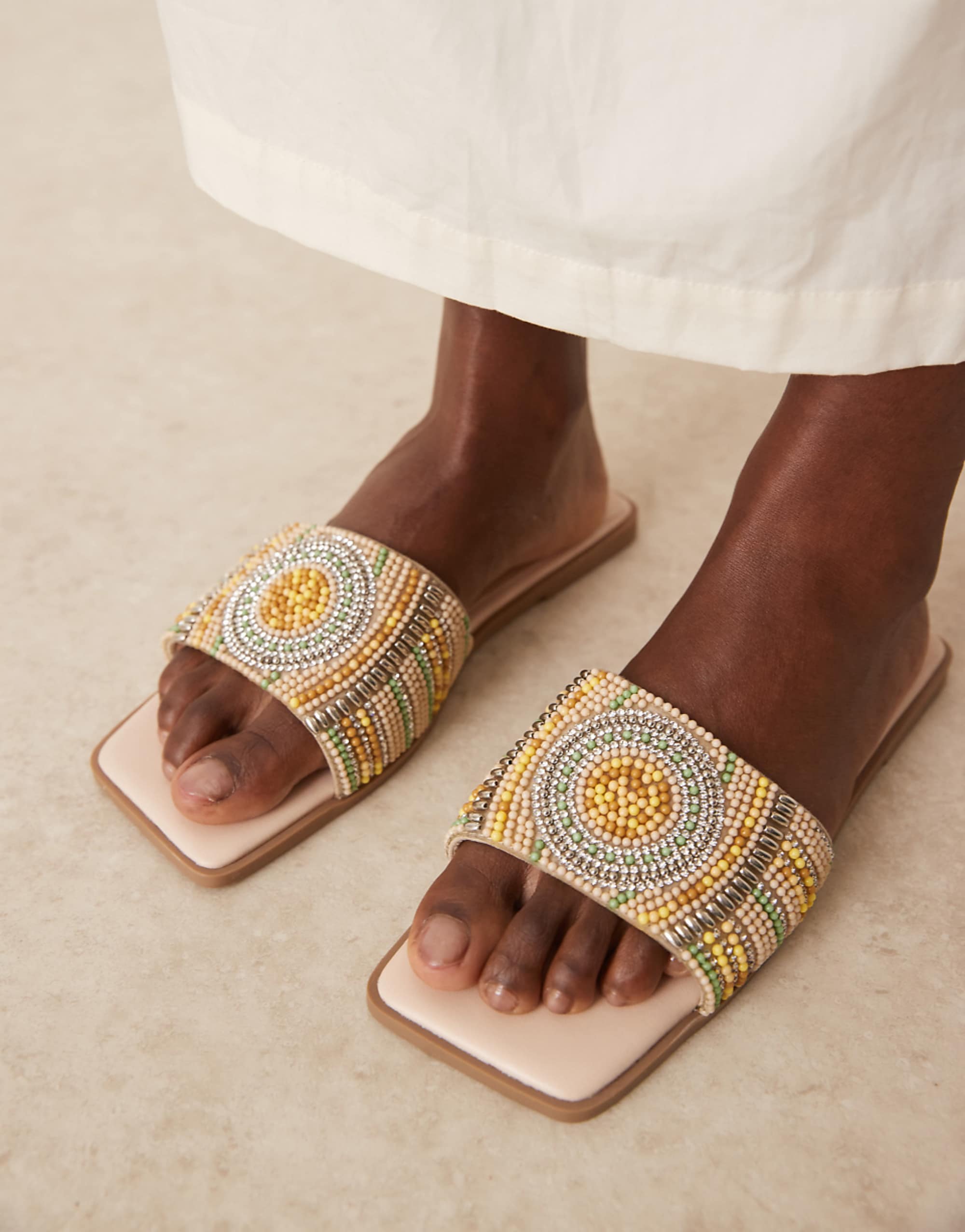Asos Design Wide Fit Fig Square Toe Flat Mule Sandals With Beads in Multi