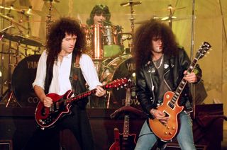 Brian May (left) and Slash perform on The Tonight Show With Jay Leno, April 5, 1993.