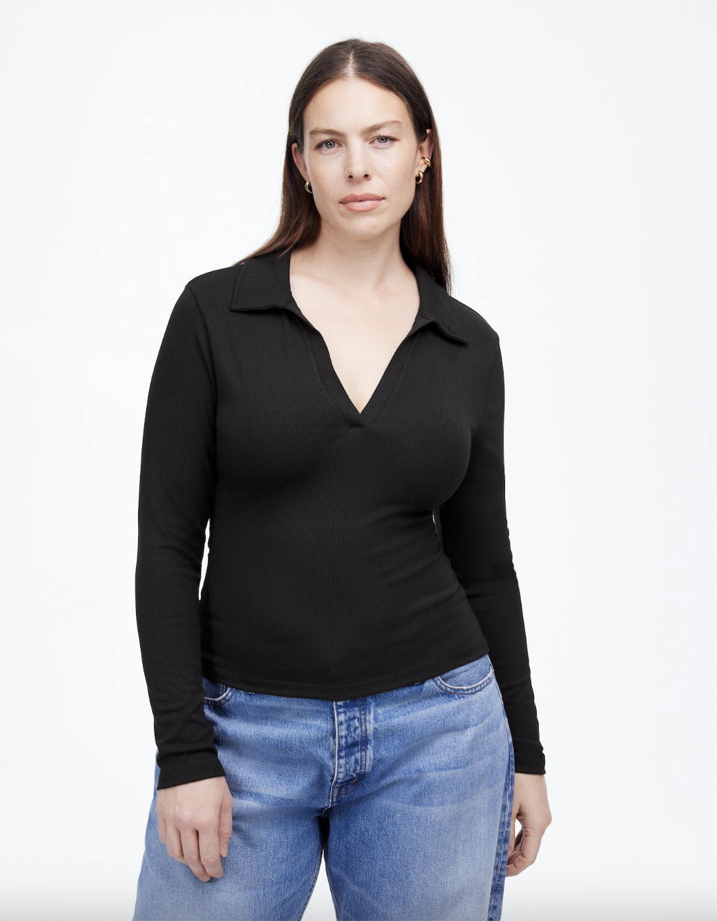 Drapey Rib Long-Sleeve Polo Top