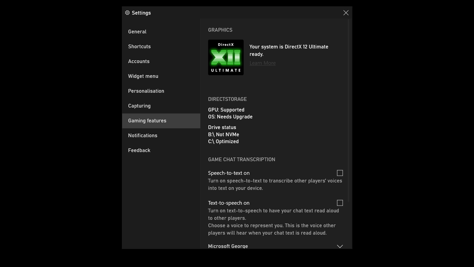 A screengrab of the updated Xbox Game Bar displaying system requirements