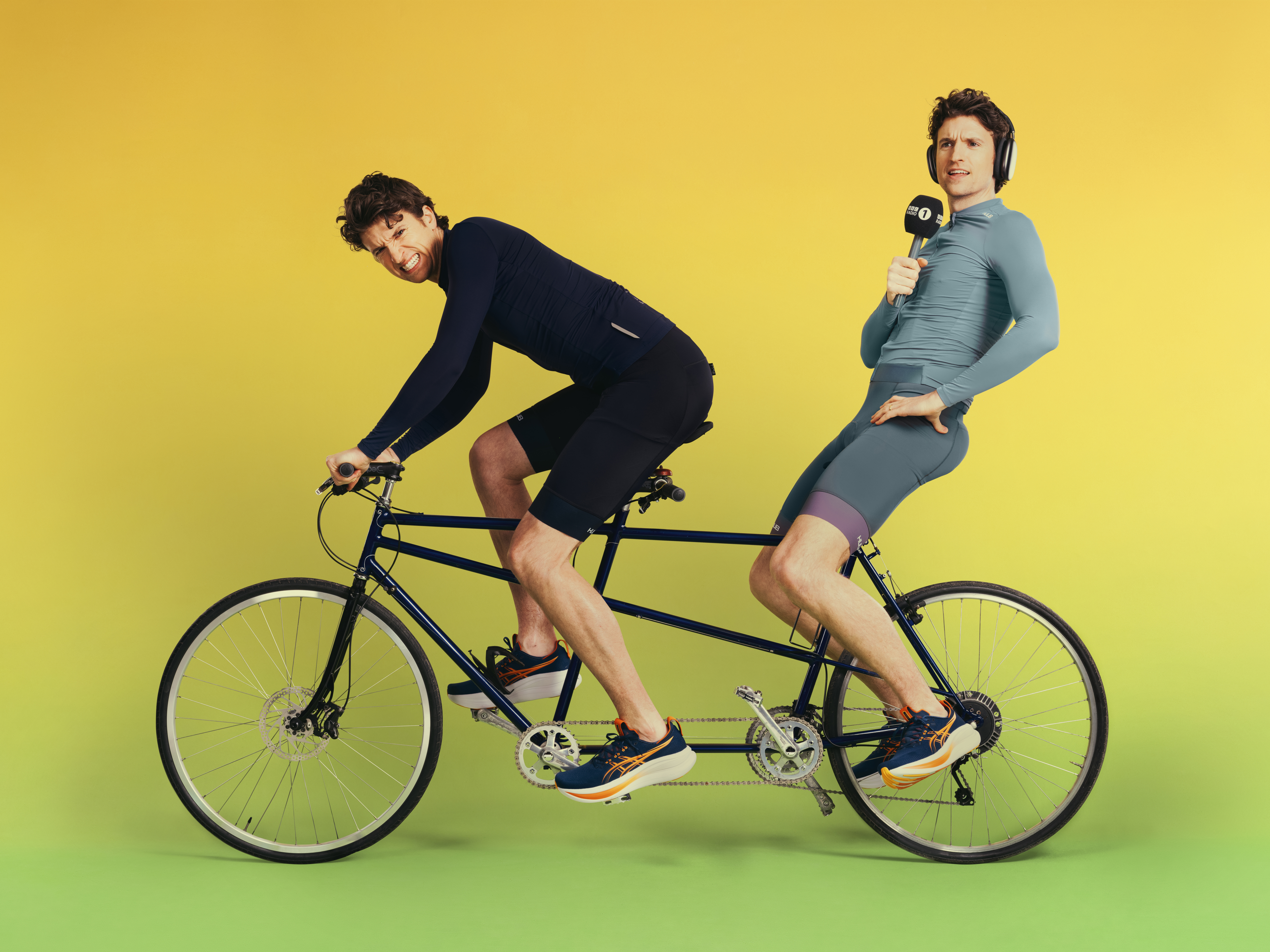 Greg James on a tandem with a BBC Radio 1 microphone