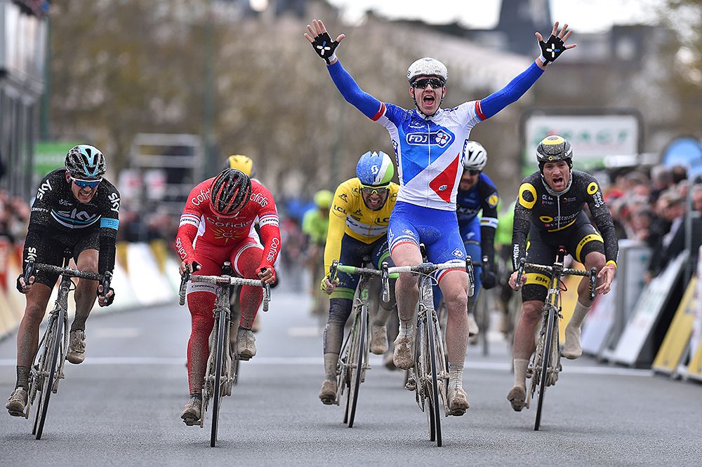 Arnaud D&eacute;mare (FDJ) raises his arms in victory salute during stage 1 Paris-Nice