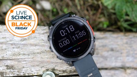 A Live Science Black Friday logo and a picture of the Garmin Fenix 8 taken by our reviewer