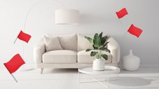 Plain white living room with red flag graphics