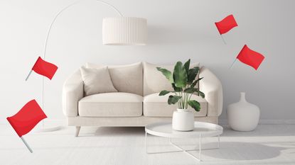 Plain white living room with red flag graphics