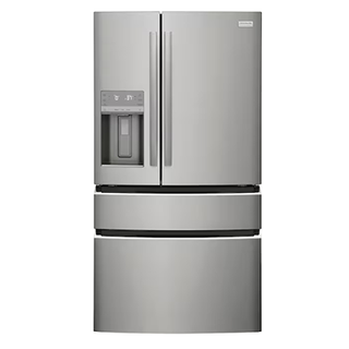 Frigidaire silver french door style refrigerator with three compartments.