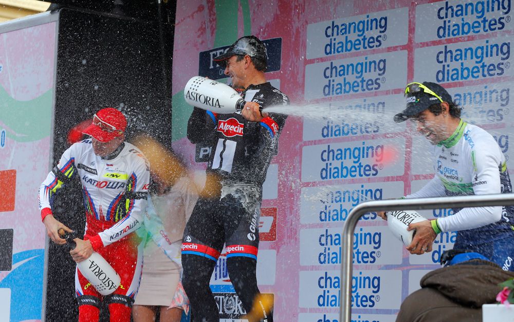 John Degenkolb (Giant-Alpecin) leads the celebrations on the podium