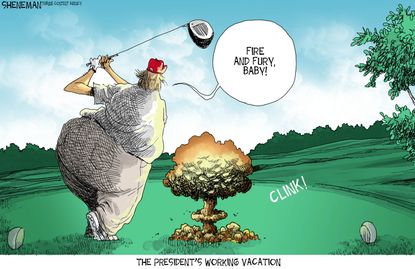 Political cartoon U.S. Trump working golf vacation North Korea nuclear threats
