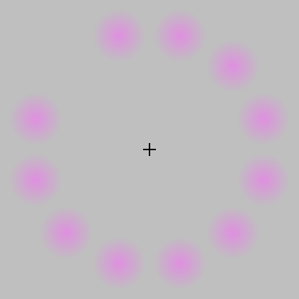 An animation of pink dots arranged in a circle. Each dot momentarily disappears, causing the viewer to perceive a green spot in its place.