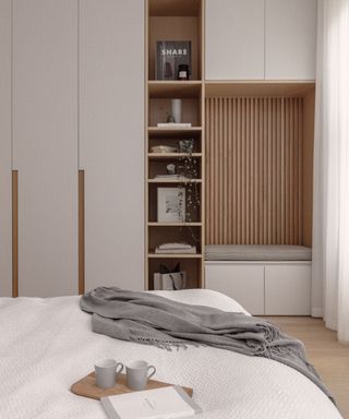 Scandinavian bedroom with layered decor in varying textures