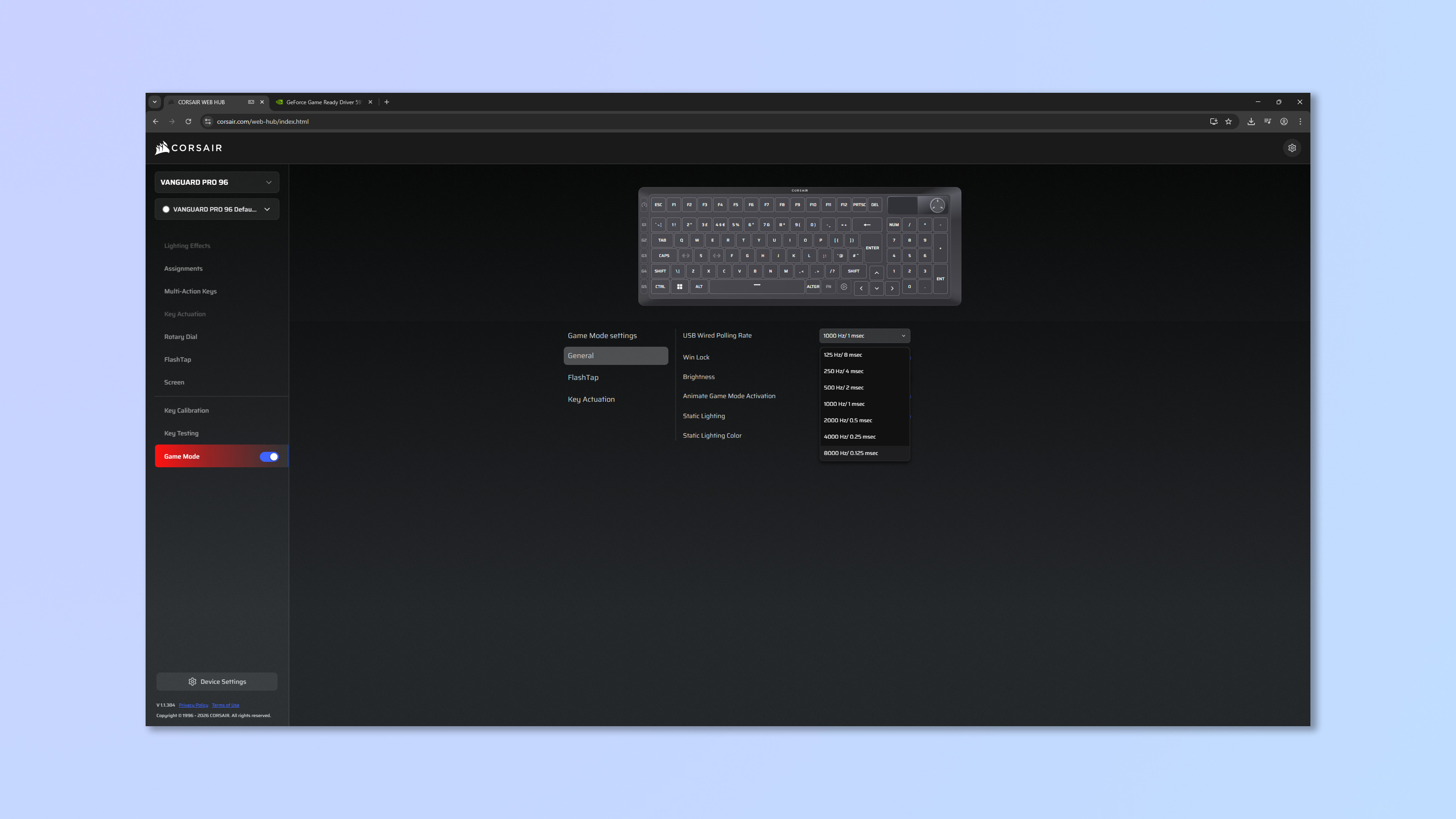 A screenshot showing the Corsair Web Hub being used to modify the Corsair Vanguard Pro 96