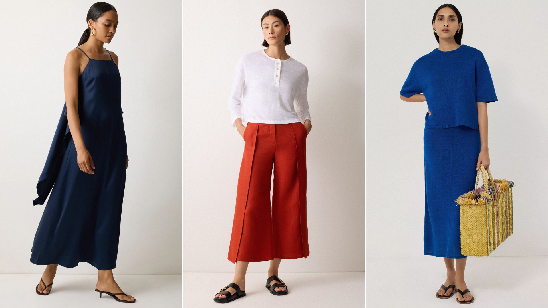 Three women wear outfits from British clothing brand Jigsaw