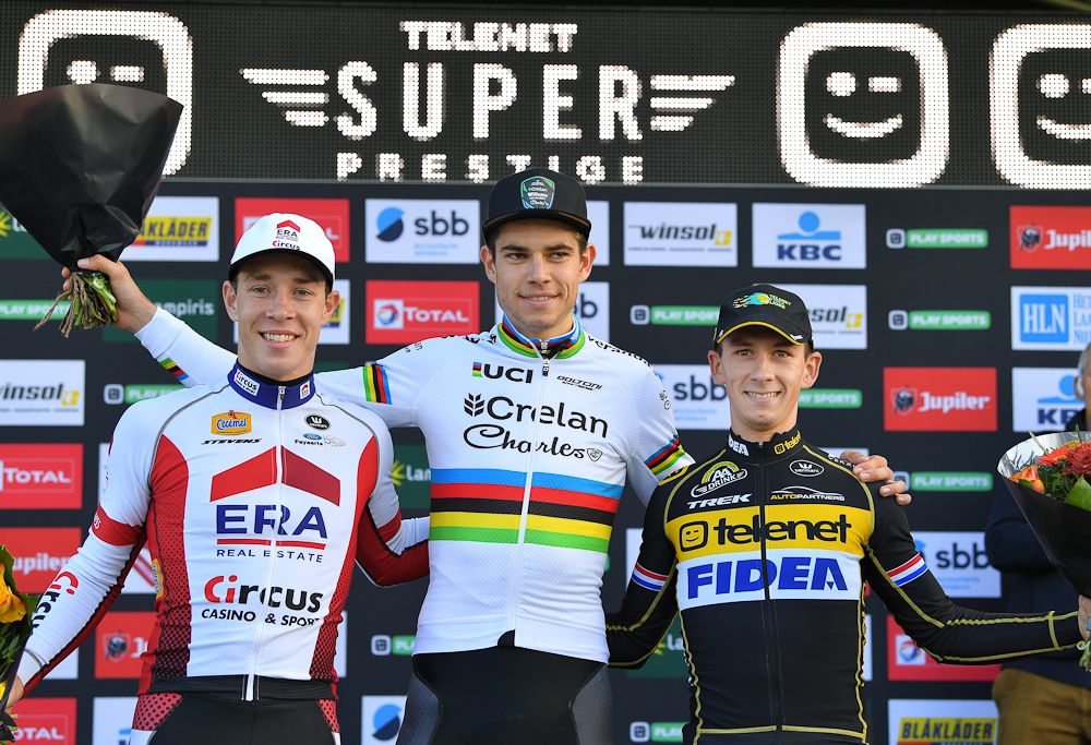 Laurens Sweeck, Wout Van Aert and Lars van der Haar on the Superprestige Niels Albert podium