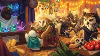 A market of animalfolk, with creatures ranging from crows to owls and racoons