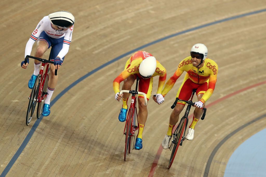 Spain&#039;s Sebastián Mora and Albert Torres compete in the Madison at the 2018 Track World Cup in London, in the UK