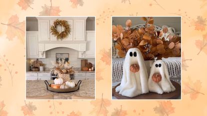 Two pictures of TikTok fall decor ideas - one of sock pumpkins and one of felt ghost