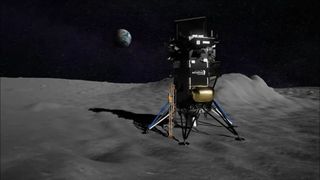 An illustration of the private Nova-C moon lander built by Intuitive Machines on the lunar surface.