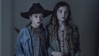 Judith and Gracie shocked by walker on the walking dead