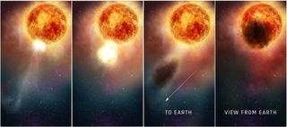 This four-panel graphic illustrates how the southern region of the red supergiant star Betelgeuse may have suddenly become fainter for several months during late 2019 and early 2020. In the first two panels, as seen in ultraviolet light with the Hubble Space Telescope, a bright, hot blob of plasma is ejected from the emergence of a huge convection cell on the star's surface. In panel three, the outflowing, expelled gas rapidly expands outward. It cools to form an enormous cloud of obscuring dust grains. The final panel reveals the huge dust cloud blocking the light (as seen from Earth) from a quarter of the star's surface.