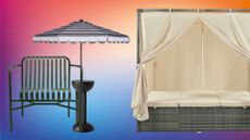 Outdoor furniture. A metal chair, a side table, a cabana daybed, and an outdoor umbrella 