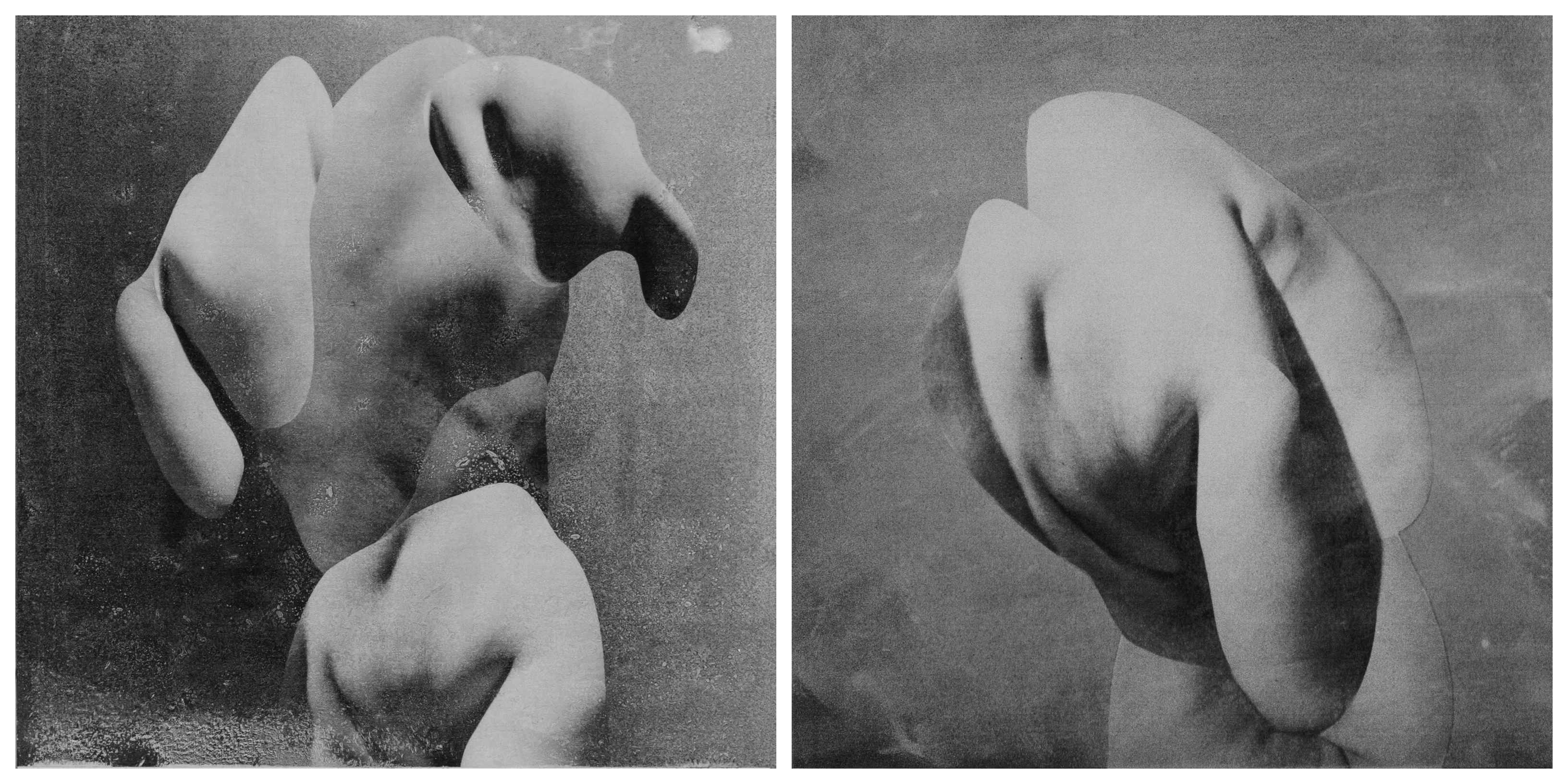 two black and white photos of a white sculpture
