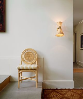 Rattan chair and light in white living room