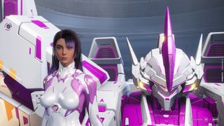 A Mecha Break pilot in a white and pink suit standing before the head of her mech of the same color
