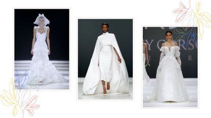 three models wearing wedding dresses on the catwalk to illustrate the wedding dress trends 2023