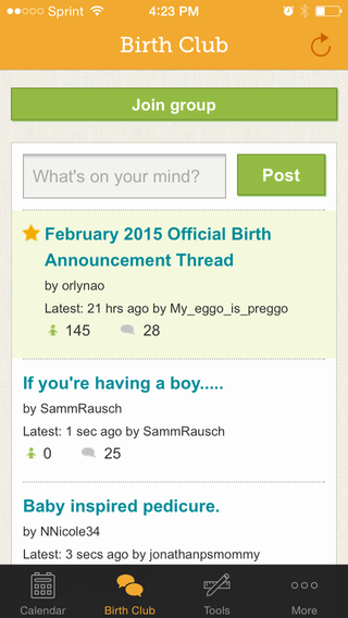 This screen shows a community forum in the My Pregnancy Today app