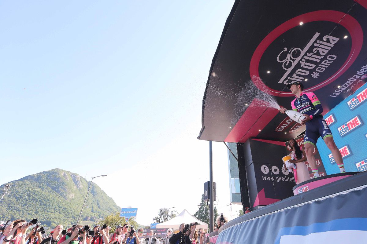 Sacha Modolo gets the spray the prosecco for a second time this Giro