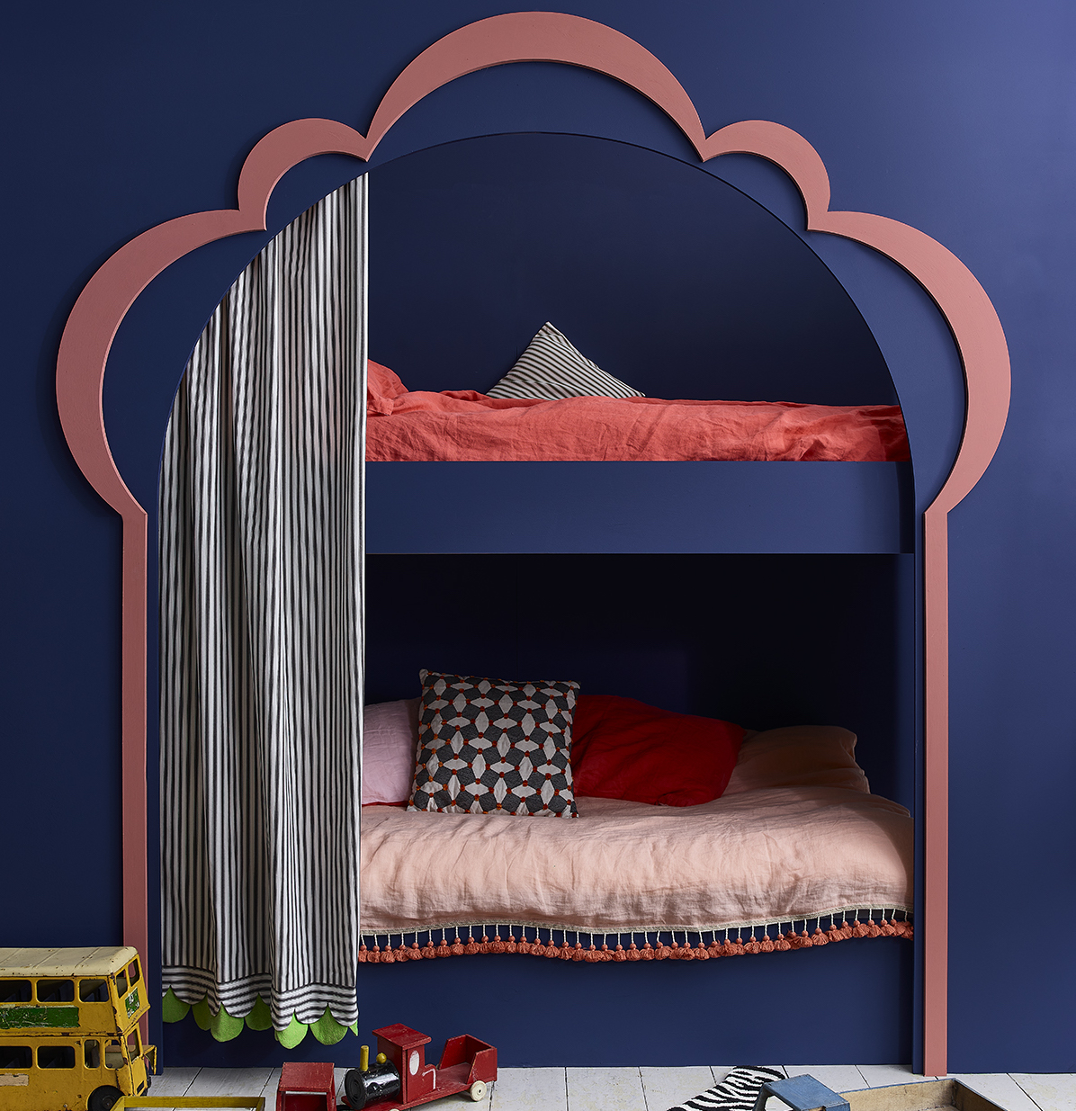 kids bedroom with concealed beds painted in Annie Sloan Napoleonic Blue