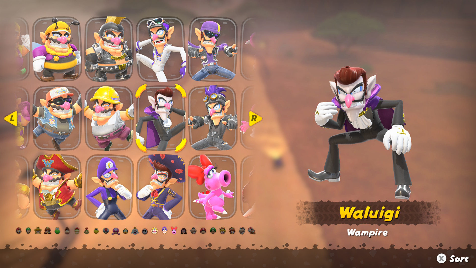 Mario Kart World Waluigi outfits including wampire