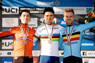 FAYETTEVILLE ARKANSAS JANUARY 30 LR Silver medalists Lars Van Der Haar of Netherlands gold medalists Thomas Pidcock of The United Kingdom and bronze medalists Eli Iserbyt of Belgium pose on the podium during the medal ceremony after the 73rd UCI CycloCross World Championships Fayetteville 2022 Mens Elite Fayetteville2022 on January 30 2022 in Fayetteville Arkansas Photo by Chris GraythenGetty Images
