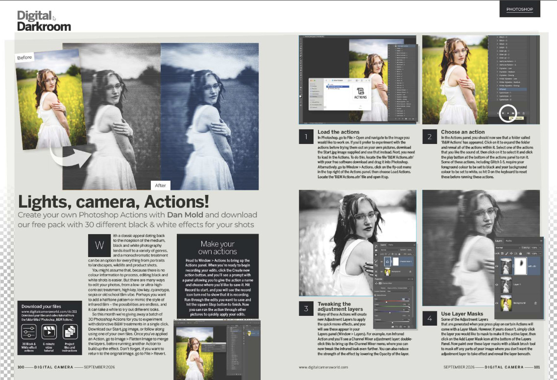 Image showing the Essentials tutorial in issue 311 (September 2026) of Digital Camera magazine, showing how to create your own Photoshop Actions