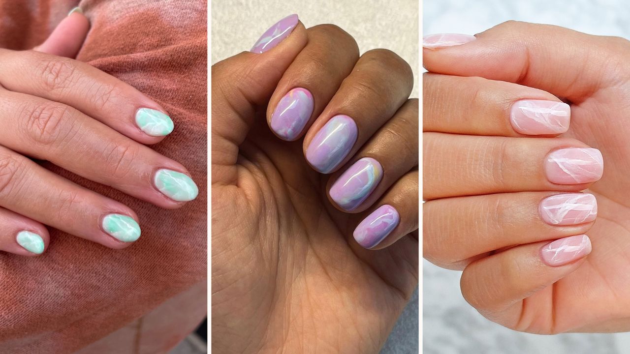 Three different examples of how to do marble nails at home with three marble nail designs on different hands