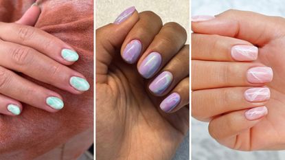 Three different examples of how to do marble nails at home with three marble nail designs on different hands