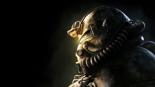 A character in Power Armor, with the shot focused on the helmet in side-profile