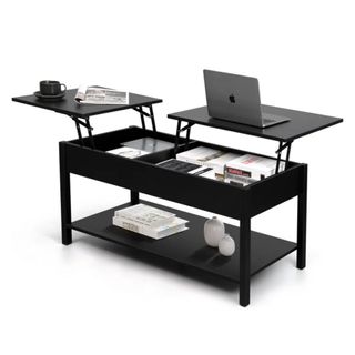 An Almeta Coffee Table with shelves, storing books, and folded out with a laptop on a white background