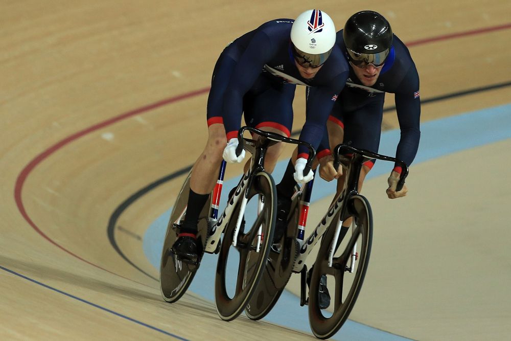 Jason Kenny &amp; Callum Skinner in action in the men's sprint in Rio