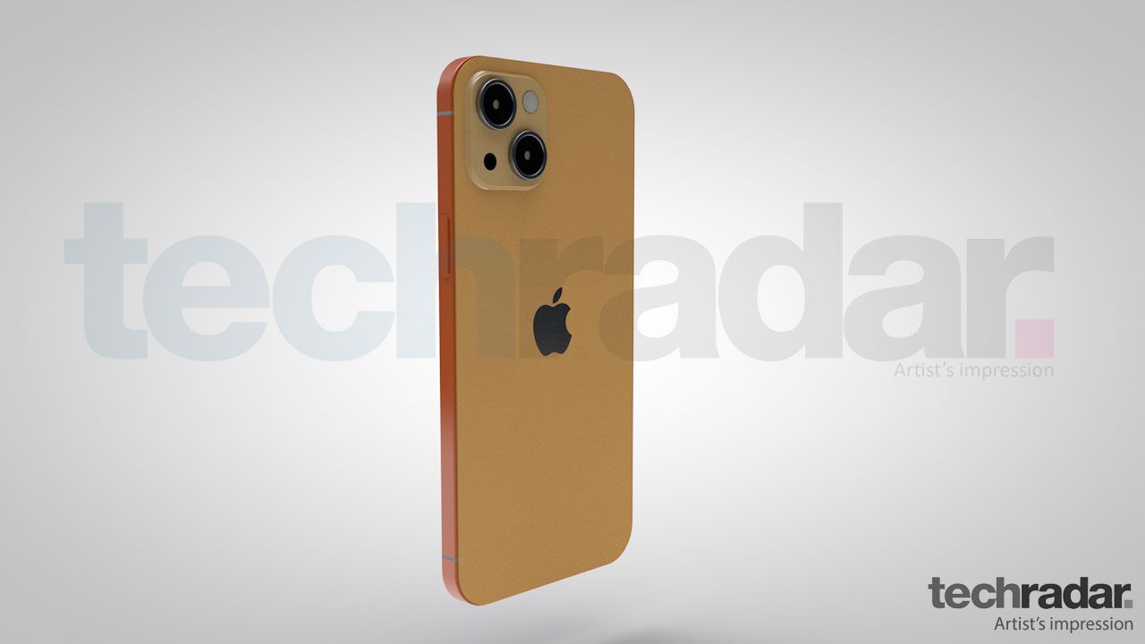 An artist's impression of the iPhone 13 in an orange shade showing the right hand edge of the phone