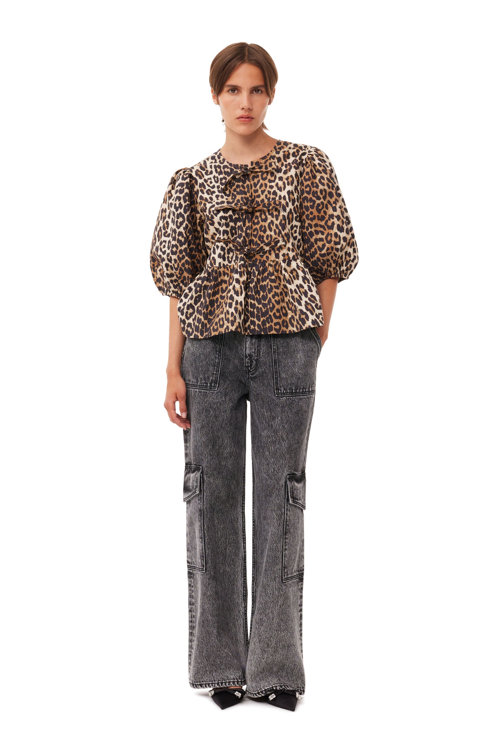 Leopard Cotton Poplin Peplum Tie Blouse