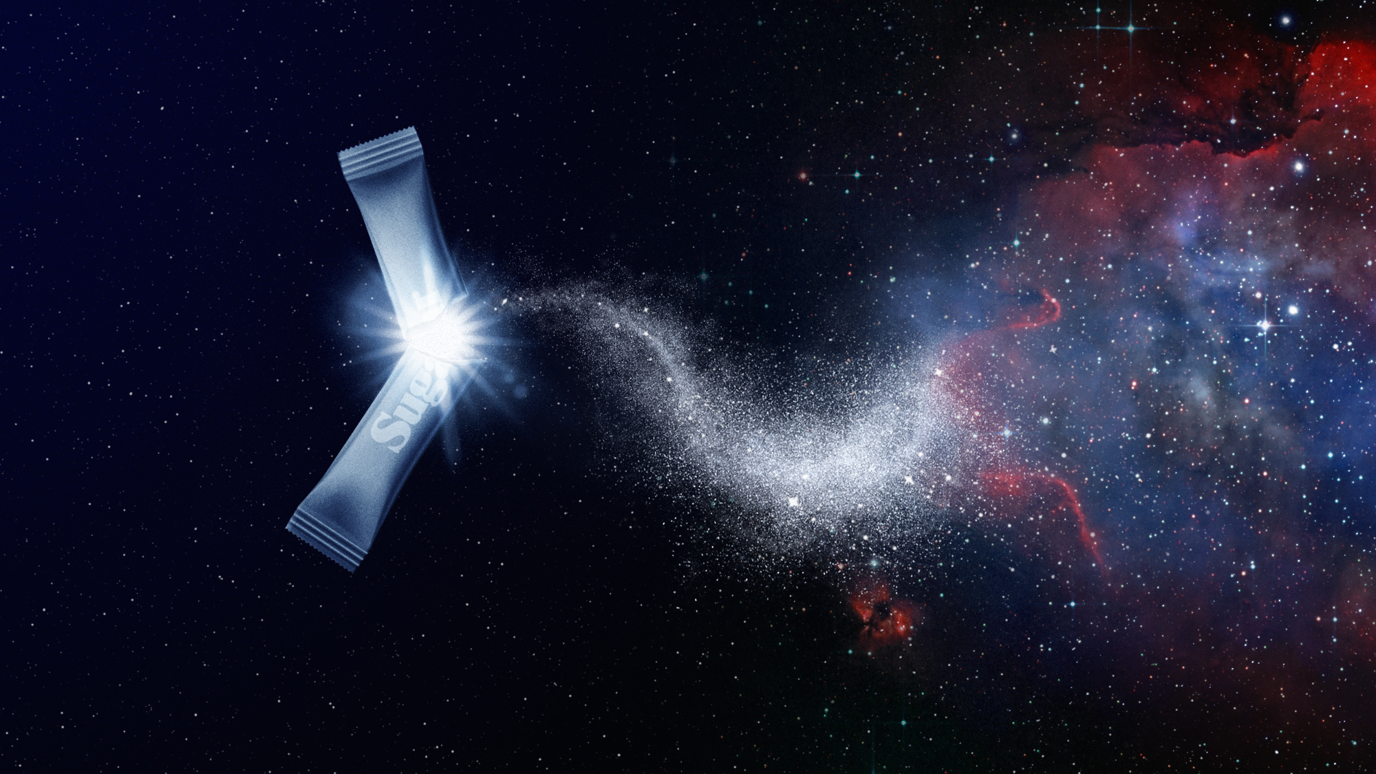 Illustration of a sugar sachet swirling into a nebula in outer space