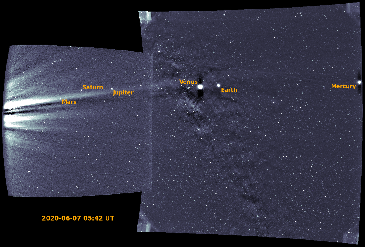 A series of planets in our solar system sparkle on photos of three different solar probes