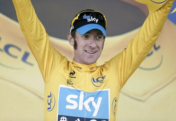 Tour de France leader Bradley Wiggins (Sky) on the podium after stage 10.
