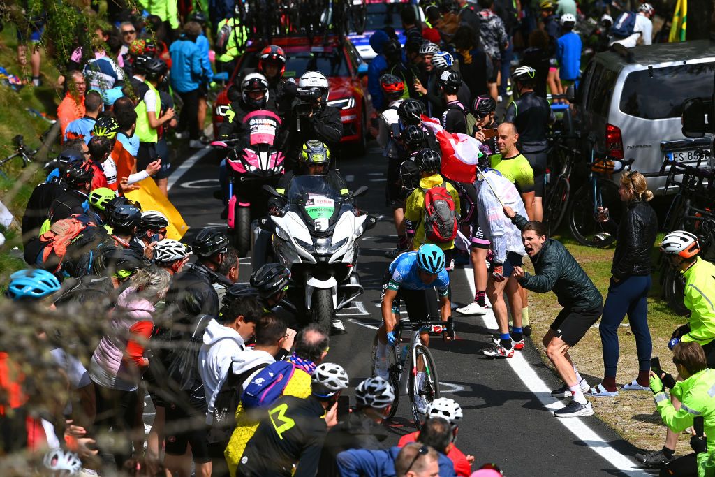 APRICA ITALY MAY 24 Lorenzo Fortunato of Italy and EoloKometa Cycling Team competes in the breakaway while fans cheer during the 105th Giro dItalia 2022 Stage 16 a 202km stage from Sal to Aprica 1173m Giro WorldTour on May 24 2022 in Aprica Italy Photo by Tim de WaeleGetty Images